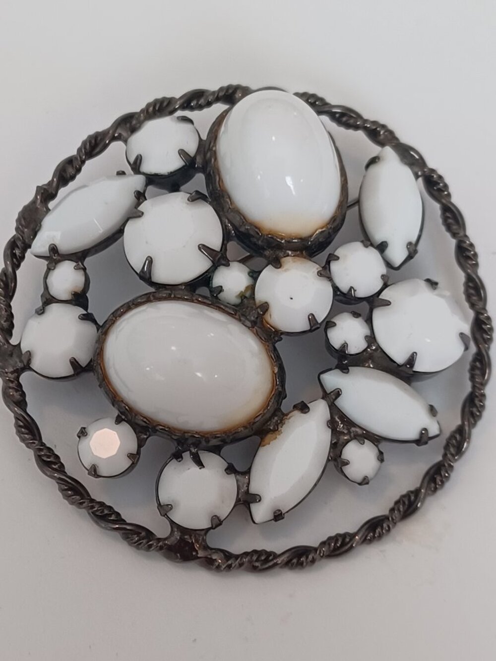 Vintage Gunmetal White Milk Glass & Lucite Cluster Brooch Pin